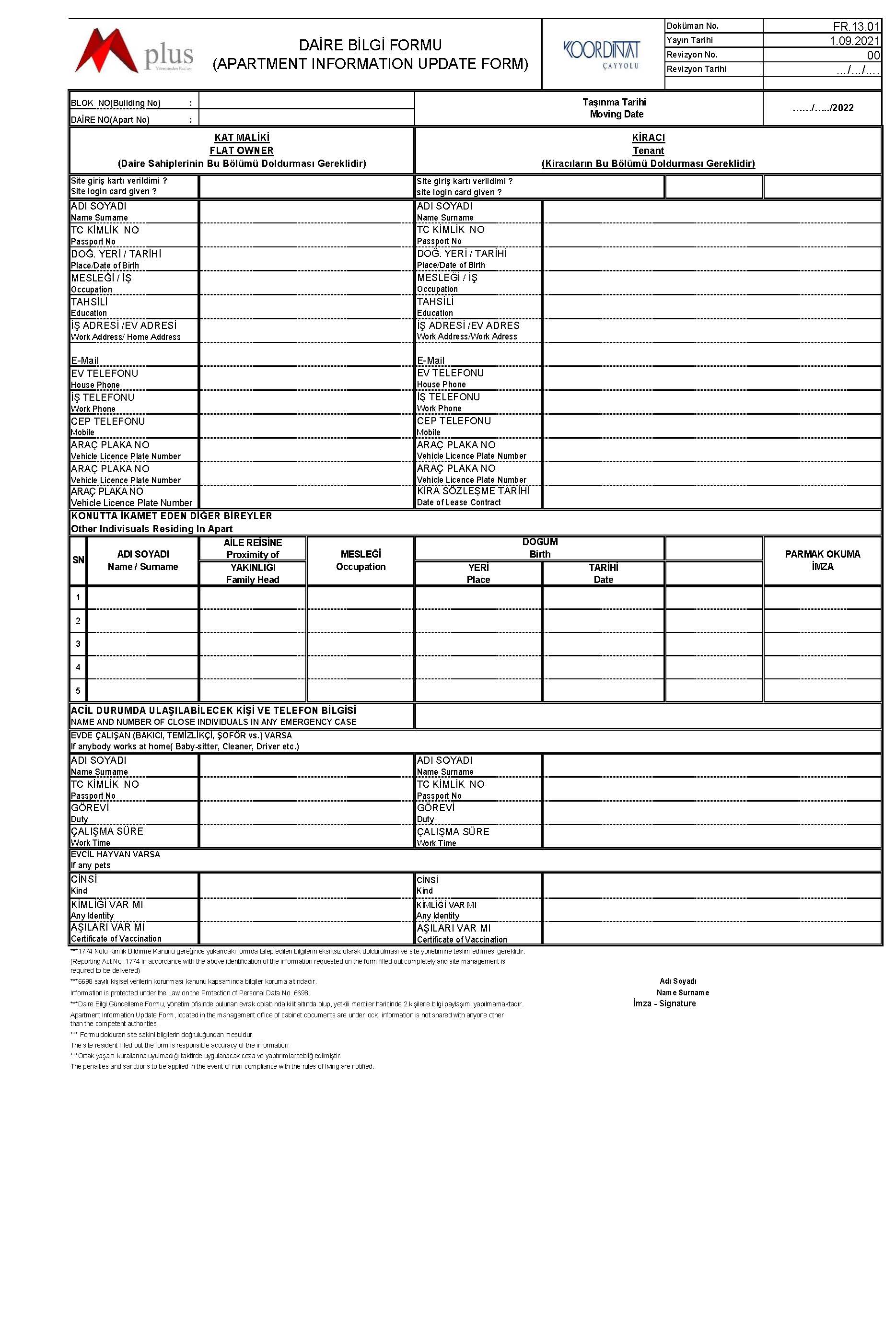 FR.21.01 Daire Bilgi Formu